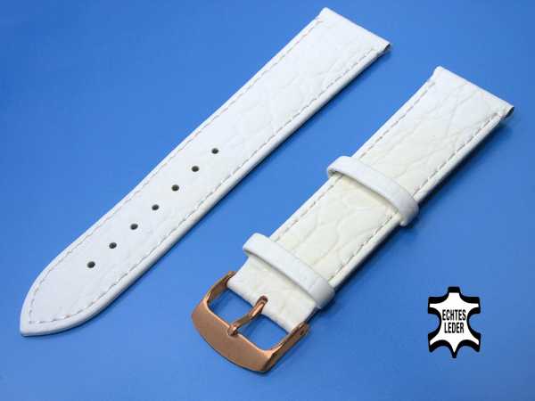 22 mm Uhrenarmband Echt Leder Weiß Krokooptik Ultraflach, Rosegold Edelstahl-Dornschließe